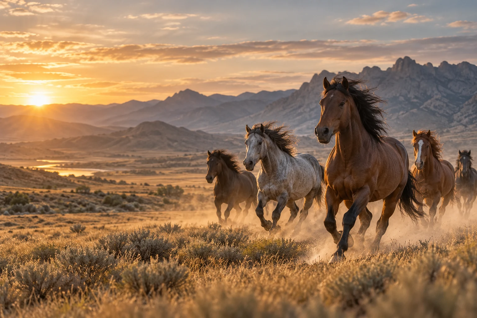 Wild horses running freely across open grassland