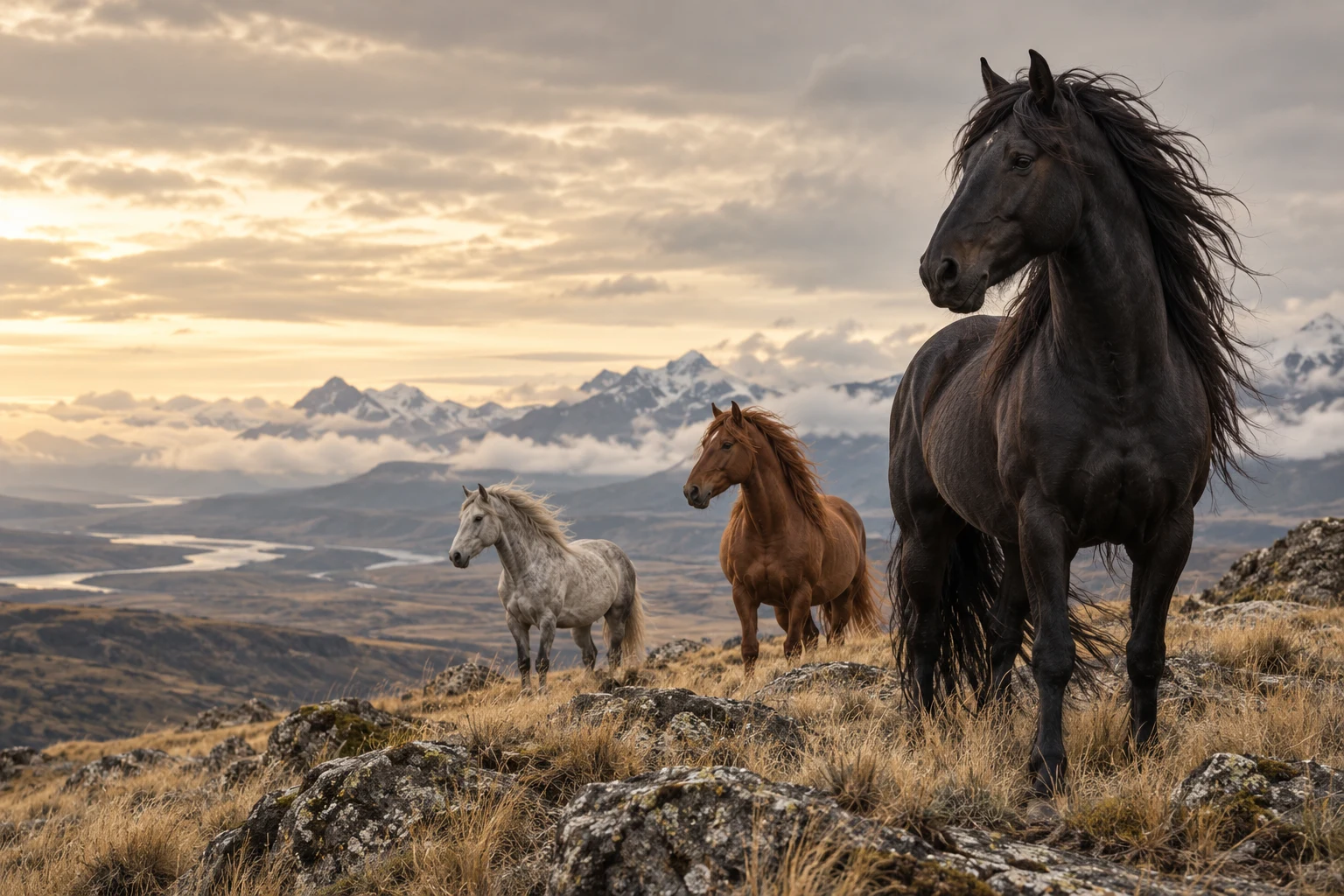 Three wild horses on a windswept mountain plateau